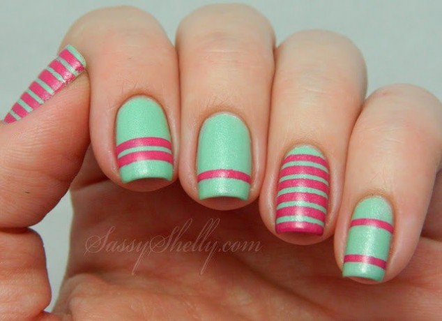 Mint Nails With Red Stripes Nail Art