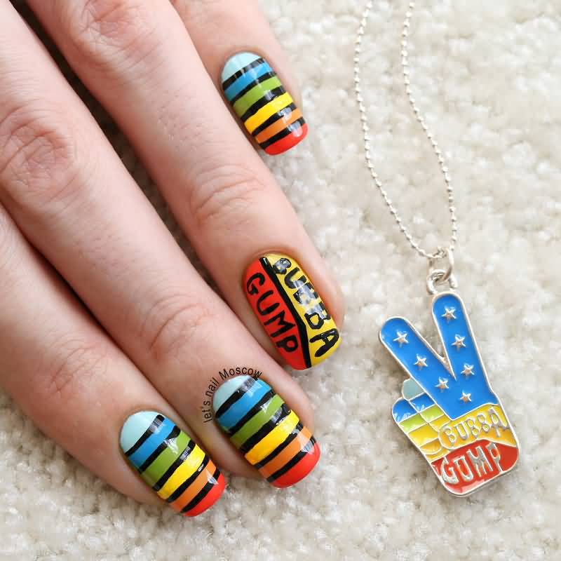 Multicolor Nails With Black Stripes Design Nail Art