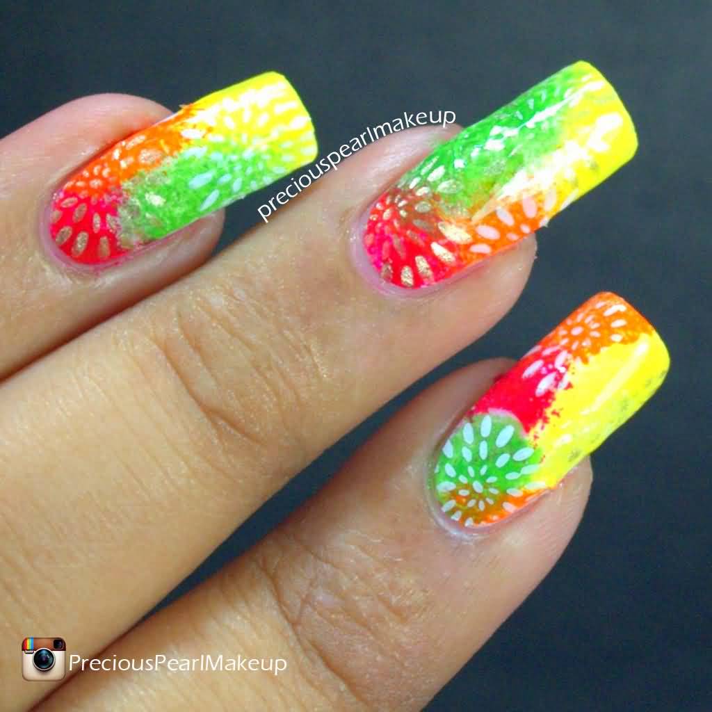 Multicolor Nails With Flower Design Nail Art