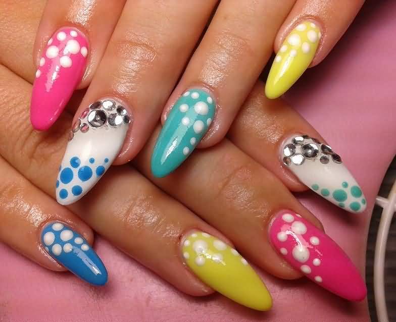 Multicolor Nails With Polka Dots Design Nail Art