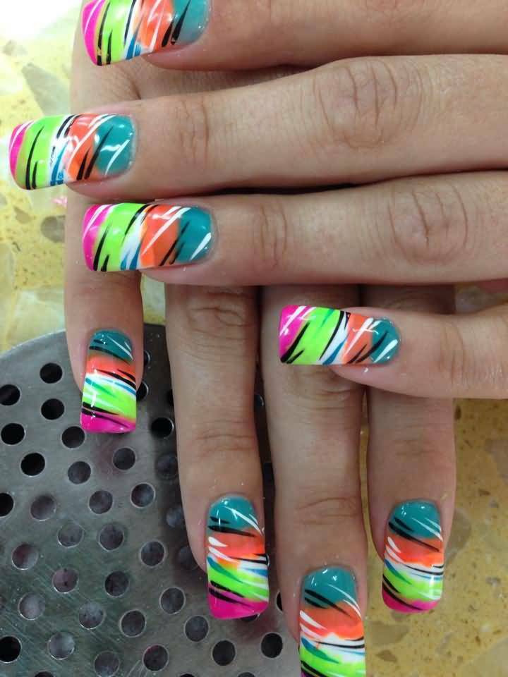 Multicolor Neon Nail Art With Stripes Design