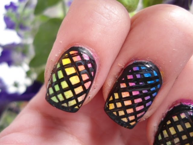 Multicolor Ombre Nails With Black Net Design Nail Art