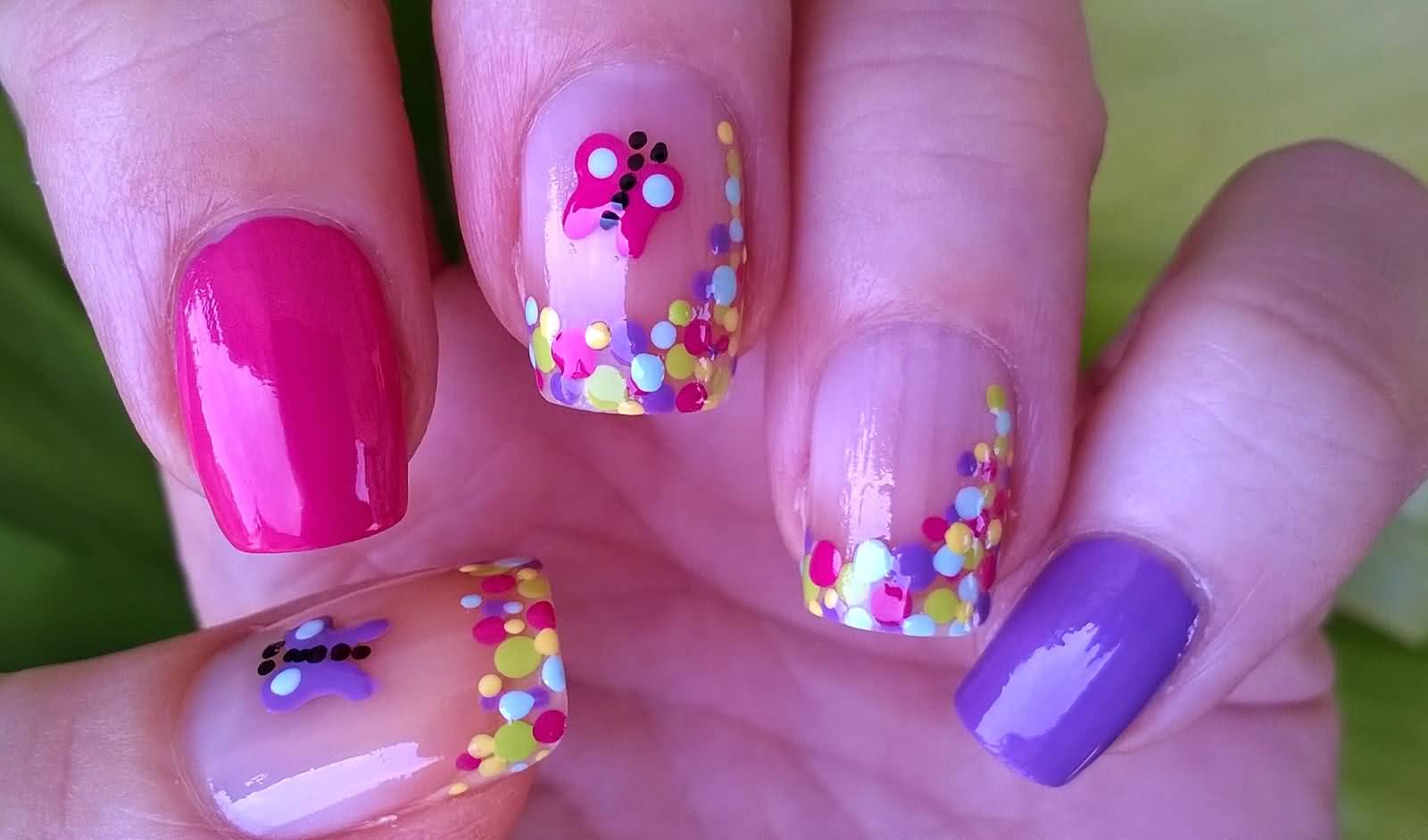 Multicolor Polka Dots On Nude Nails