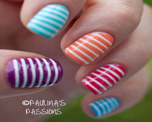 Multicolored Nails With White Stripes Nail Art Design Idea
