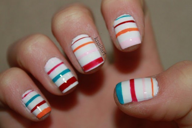 Multicolored Stripes On White Nails Design Idea
