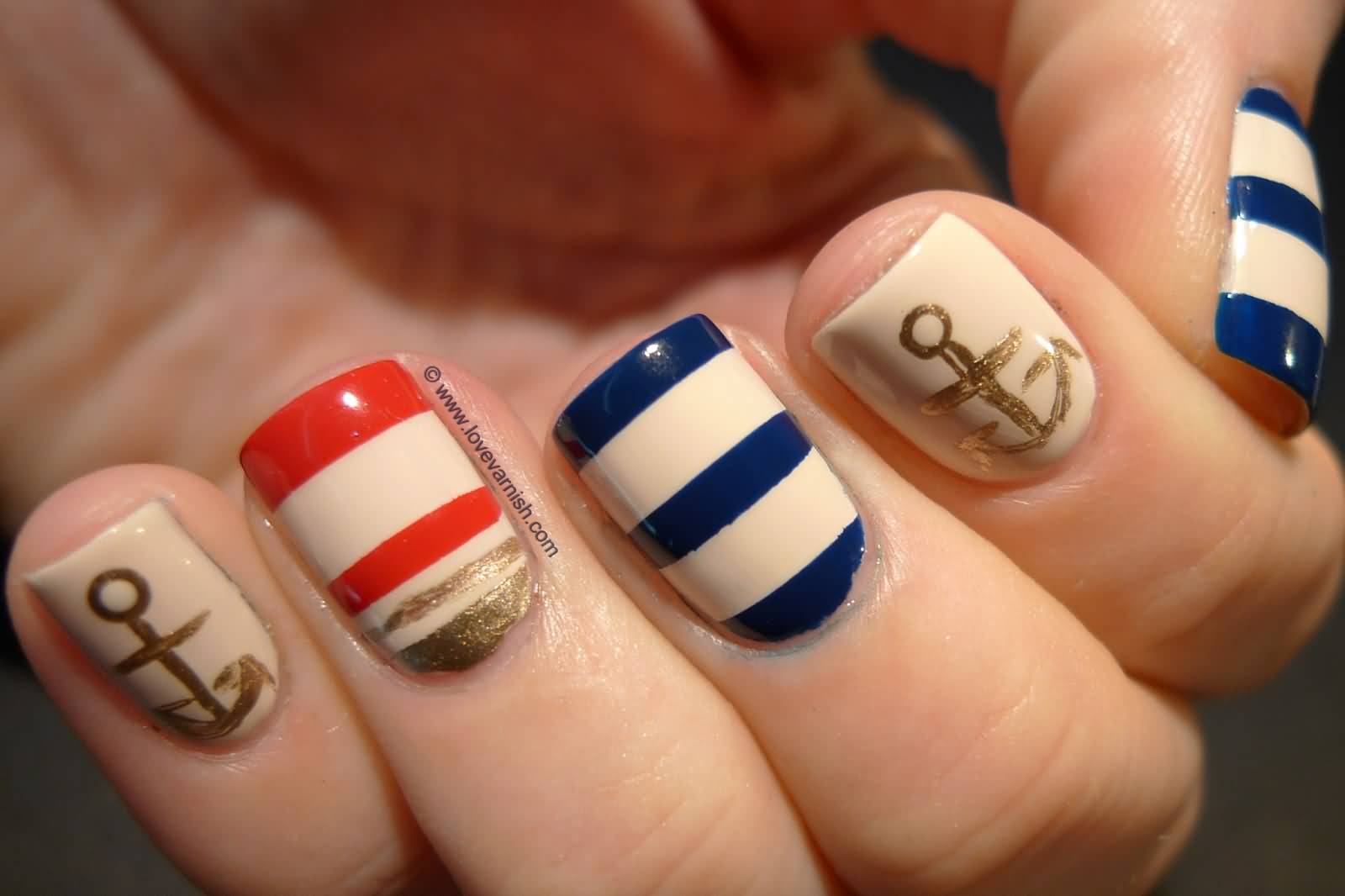Navy Blue And Red Stripes Design Nail Art