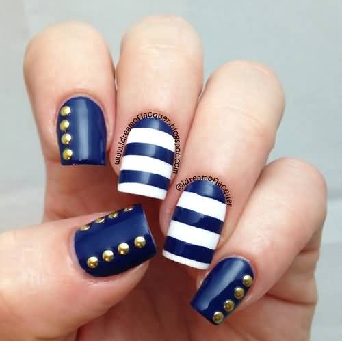 Navy Blue And White Stripes Nail Art With Gold Caviar Beads Design