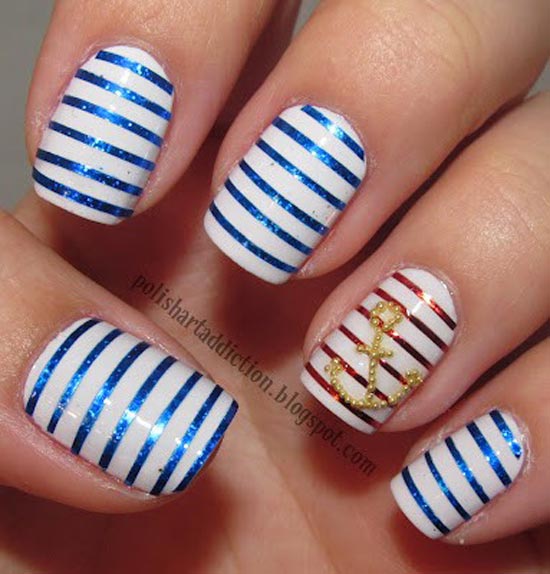 Navy Blue Striped Nail Art With Anchor Sign