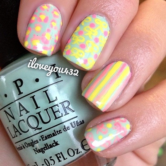 Neon Pastel Flowers And Stripes Nail Art