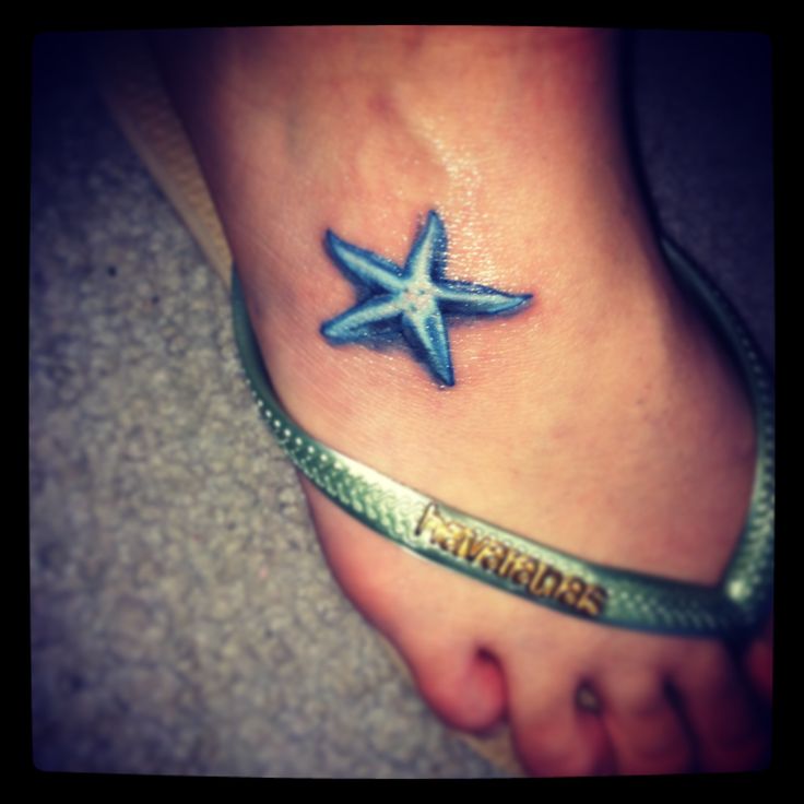 Nice And Small Blue Starfish Tattoo On Foot