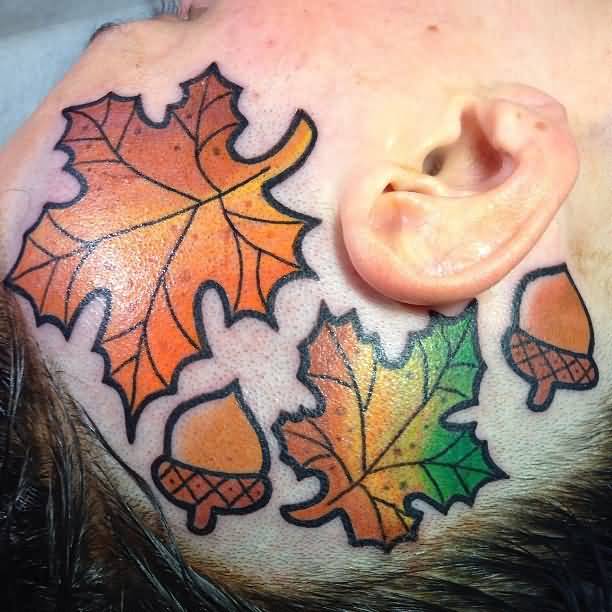 Nice Autumn Leaves Fall Tattoo On Head