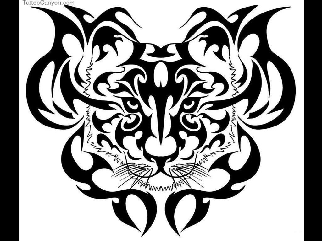Nice Black Ink Tribal Tiger Head With Design Tattoo Sample
