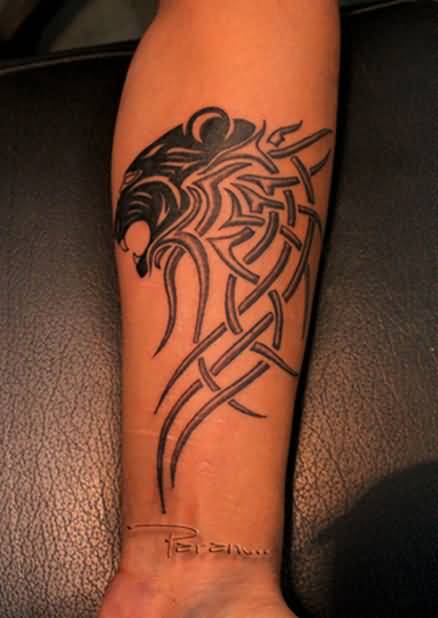 Nice Grey Tribal Design With Panther Head Tattoo On Forearm