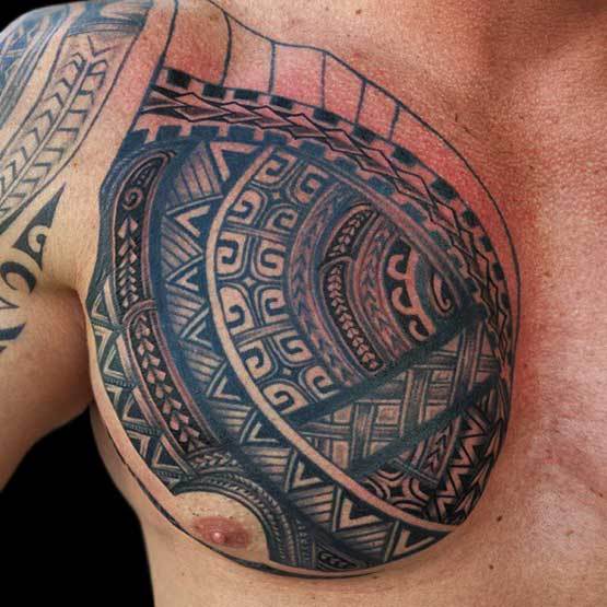Nice Hawaiian Tribal Design Tattoo On Right Chest