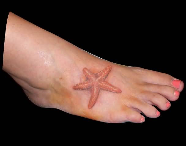 Nice Orange Color Starfish Tattoo On Foot