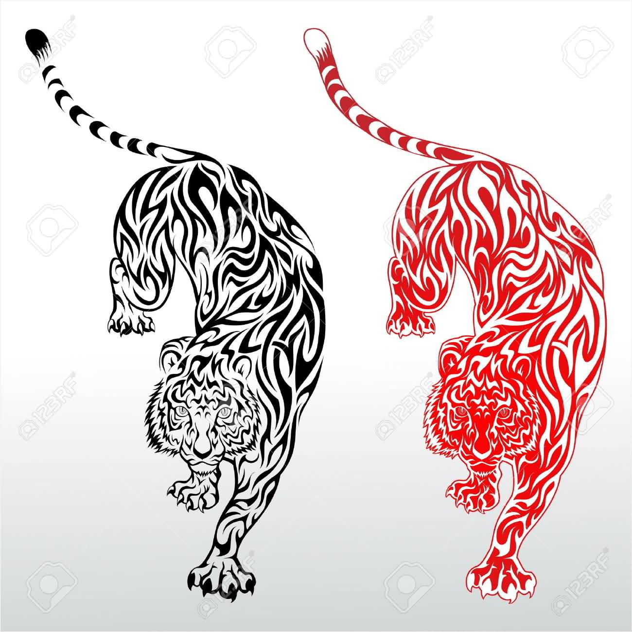 Nice Red And Black Ink Tribal Tiger Tattoo Design