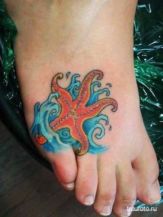 Nice Starfish And Water Tattoo On Foot
