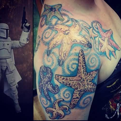 Nice Starfishes In Water Tattoo On Right Shoulder