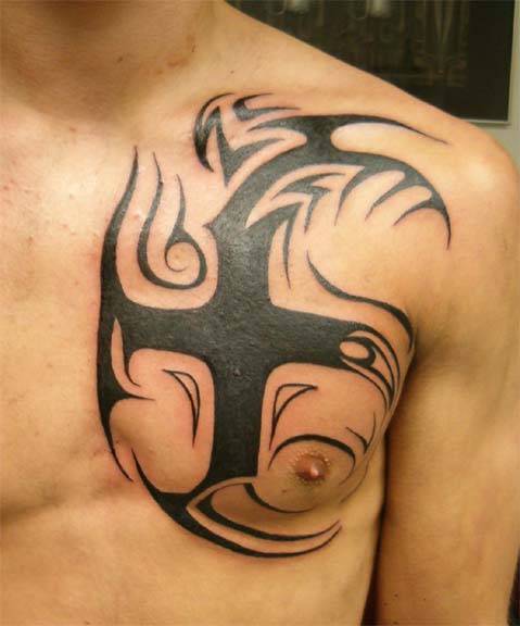 Nice Tribal Cross Tattoo On Left Chest