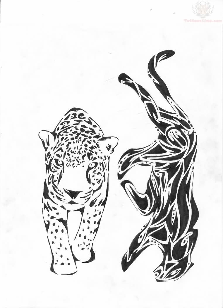 Nice Tribal Jaguar And Jaguar Walking Tattoo Design