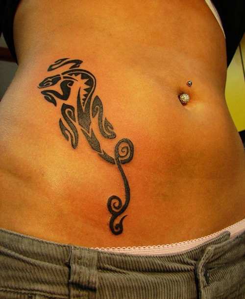 Nice Tribal Lizard Tattoo On Side Rib For Women