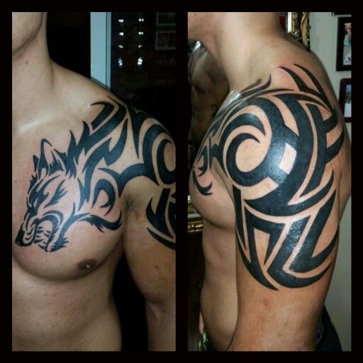 Nice Tribal Wolf Head Tattoo On Left Chest And Shoulder
