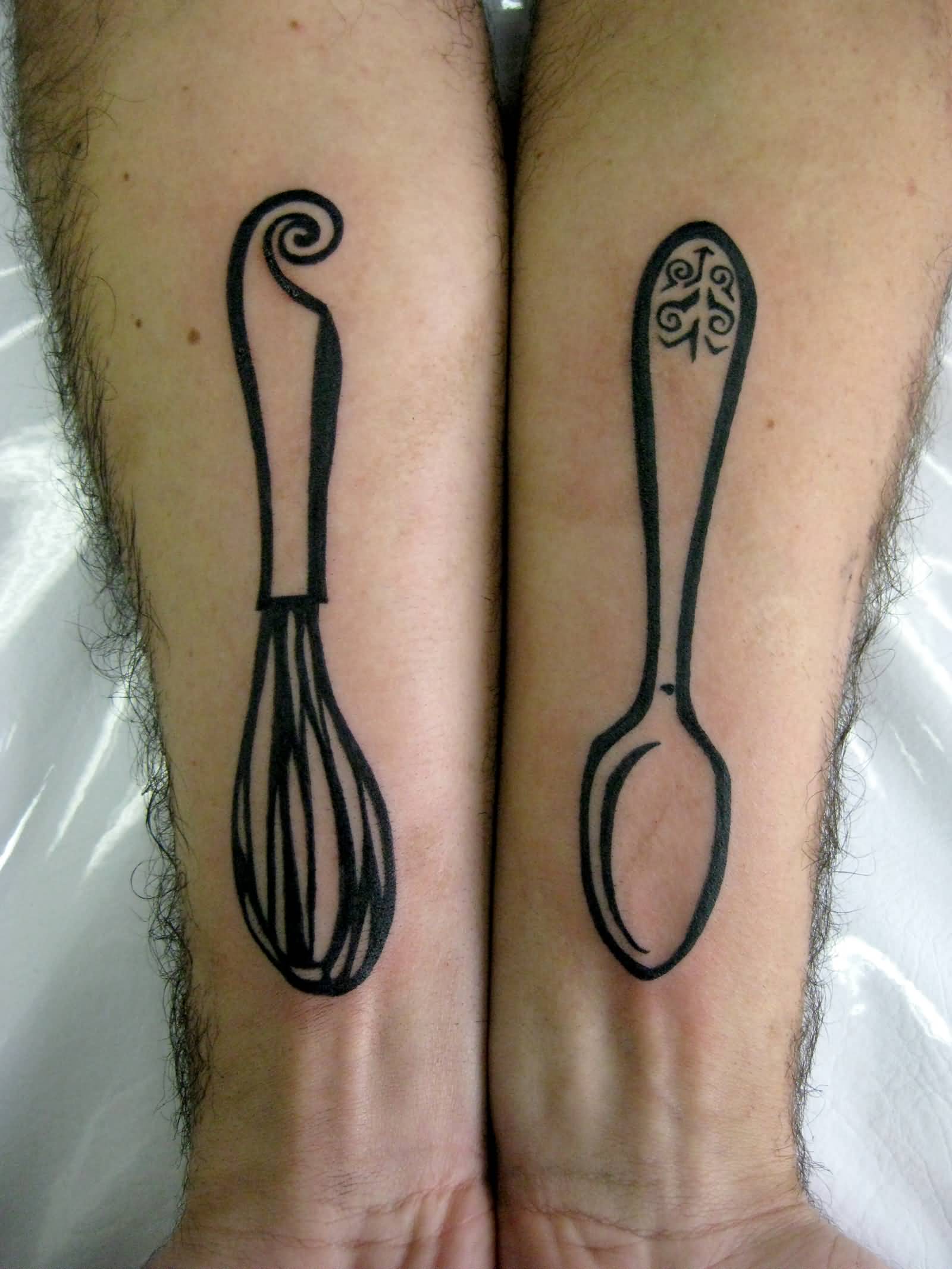 Nicely Designed Colorless Spoon And Egg Beater Tattoos On Forearms