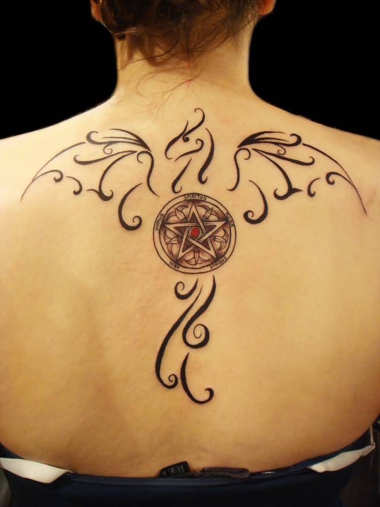 Nicely Designed Tribal Dragon And Pentagram Tattoo On Upper Back By Miguel Angel