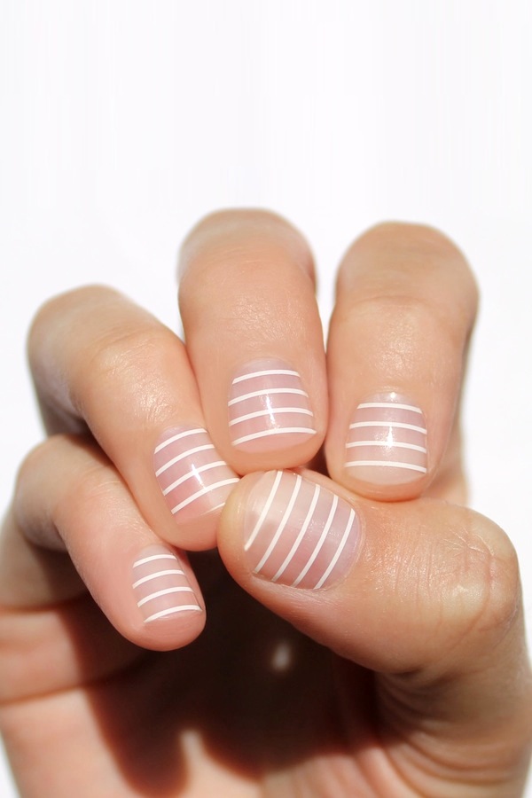 Nude Nails With White Stripes Nail Art
