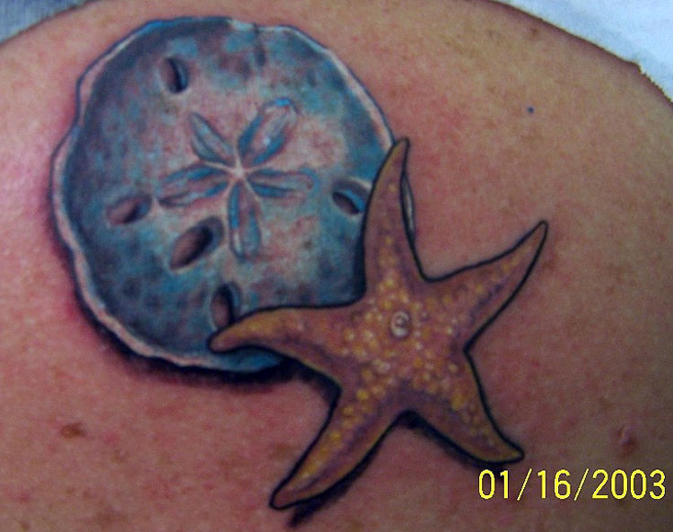 Old School Sand Dollar With Starfish Tattoo