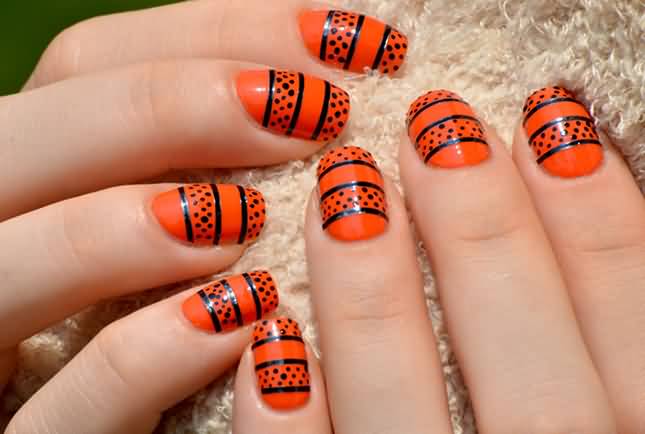 Orange Nails With Black Stripes Nail Art And Dots Design