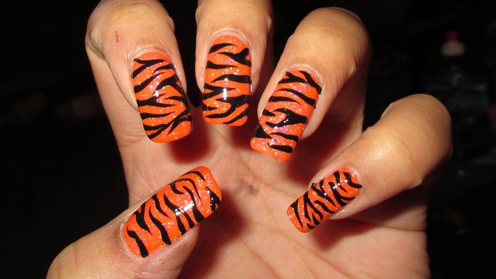 Orange Nails With Black Stripes Zebra Print Nail Art