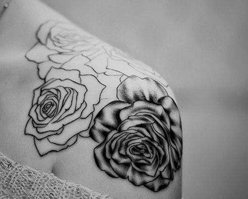 Outline And Grey Rose Clavicle Tattoos For Girls
