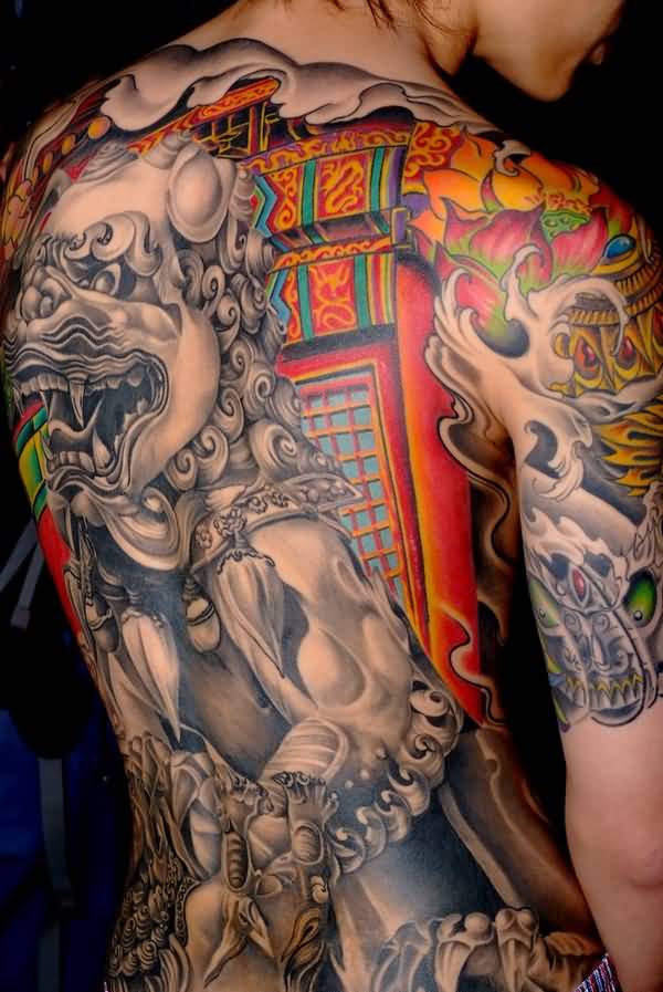 Outstanding Colorful Foo Dog Tattoo On Back To Upper Arm