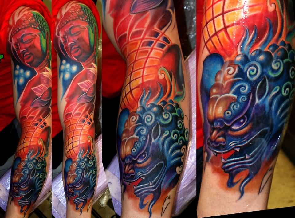 Outstanding Colorful Foo Dog With Buddha Tattoo On Full Sleeve