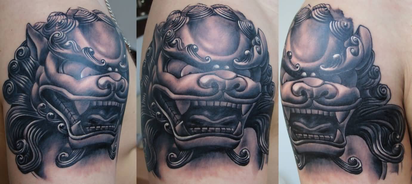 Outstanding Grey Ink Foo Dog Head Tattoo
