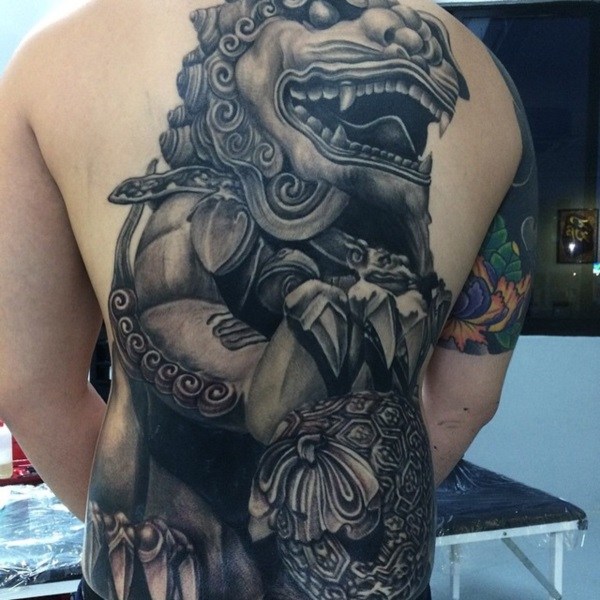 Outstanding Grey Ink Foo Dog Tattoo On Full Back