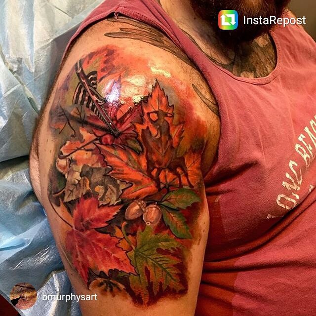 Outstanding Maple Leaves Colorful Fall Tattoo On Right Shoulder For Men