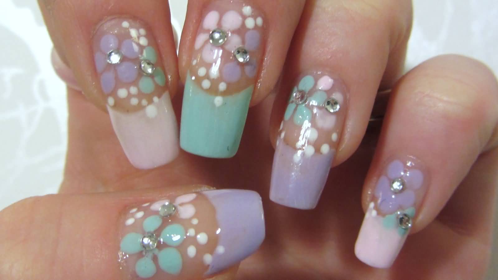 Pastel Color Flowers With Rhinestones Design Nail Art