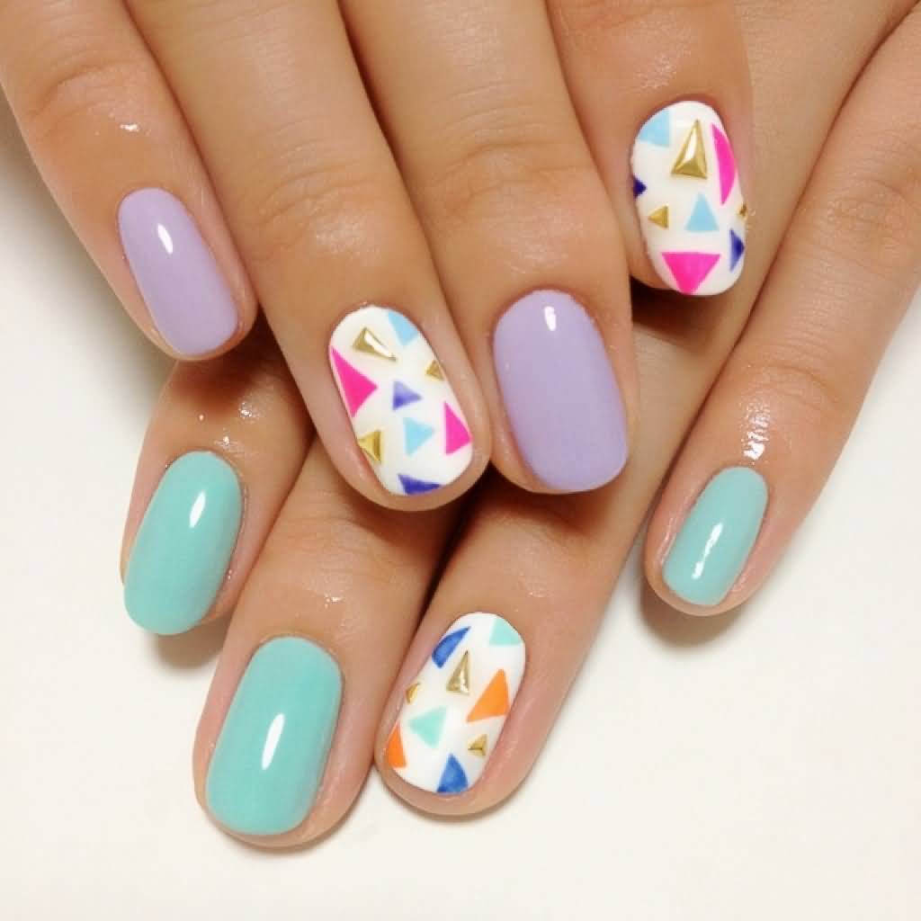 Pastel Nails With Colorful Triangles Design Ideas