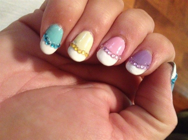 Pastel Nails With White Tip And Rhinestones Design Idea