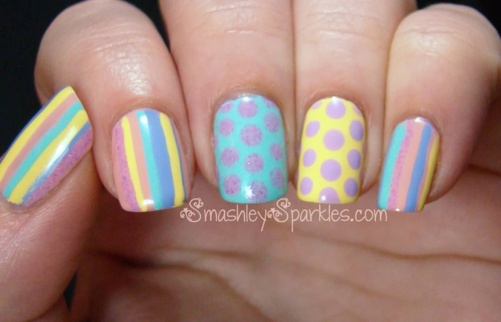 Pastel Stripes And Polka Dots Nail Art Design Idea