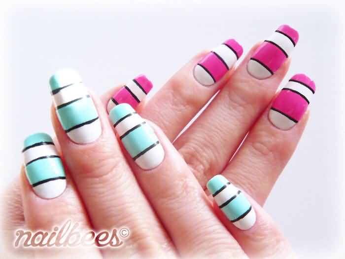 Pink And Blue Beautiful Stripes Design Nail Art