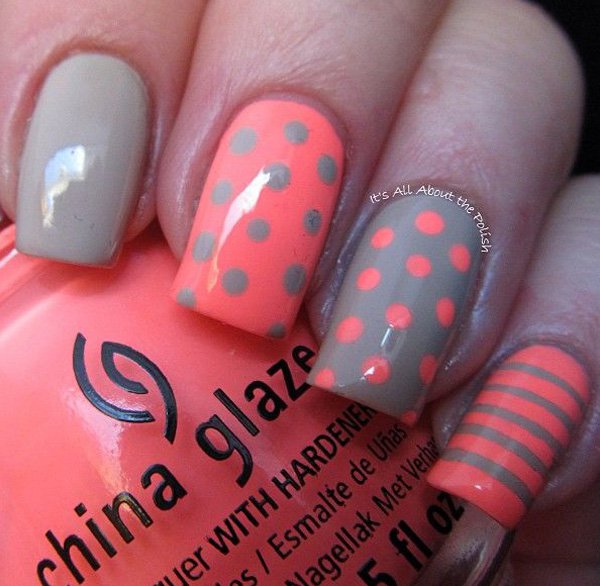 Pink And Grey Polka Dots And Stripes Nail Art Design
