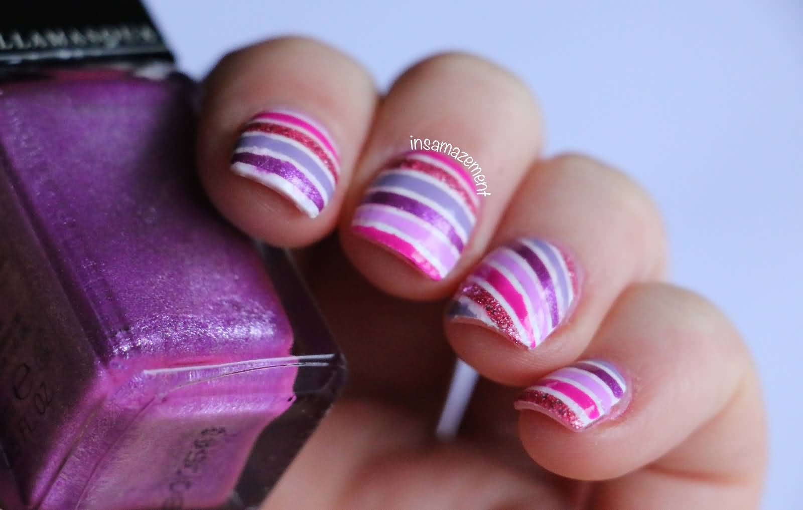 Pink And Purple Striped Nail Art