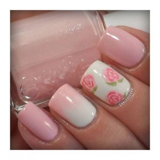 Pink And White Ombre Pastel Nail Art With Rose Flowers Design