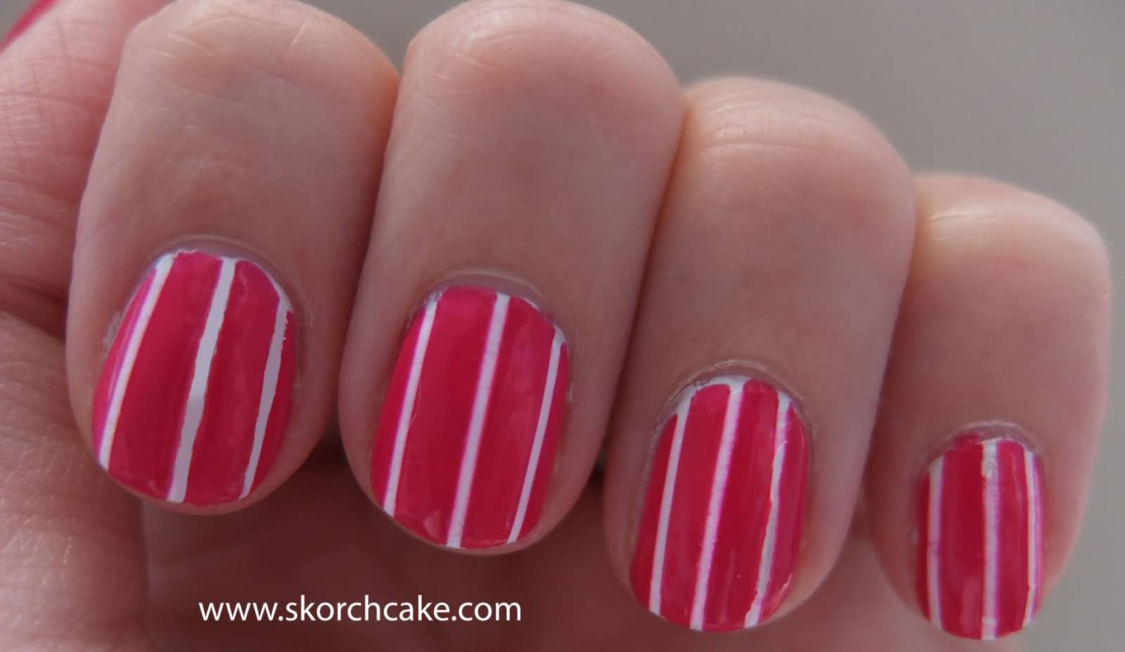 Pink And White Stripes Nail Art For Short Nails