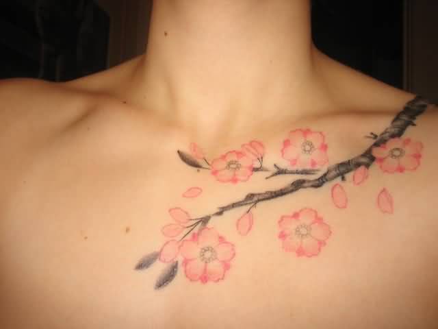 Pink Cherry Blossom Flowers Clavicle Tattoo For Girls