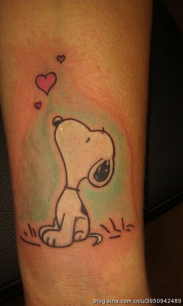 Pink Heart And White Snoopy Tattoo On Arm
