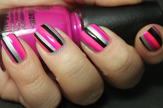 Pink Nails With Black And Silver Stripes Nail Art